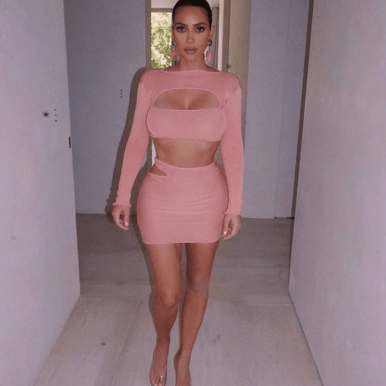 Kim Kardashian’s JBD Apparel Pink Knit Cut Out Top and Skirt Set Is the New Wardrobe Must Have