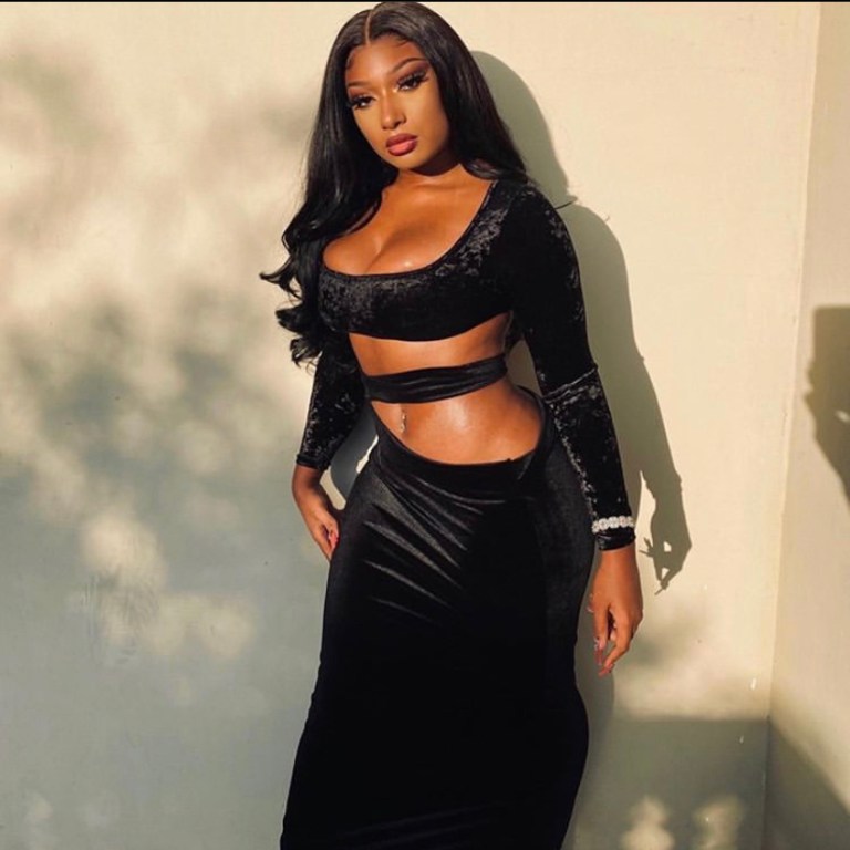 Megan the Stallion Won BET’s Female Hip Hop Awards in Grayscale Velvet Cut Out Black Dress + Her Ashton Michael Feathered Performance Look!