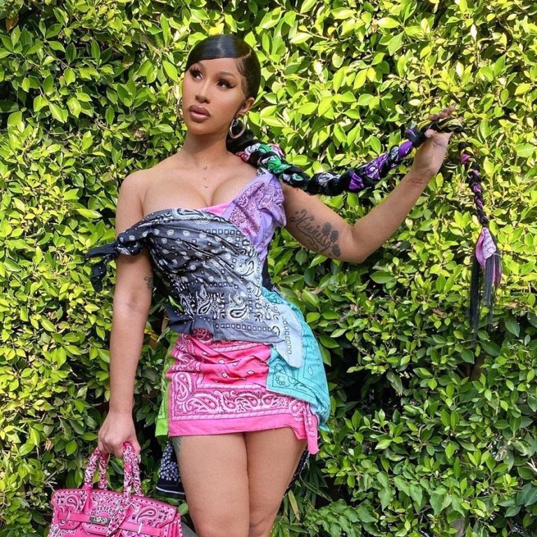 Splurge: Cardi B’s $1,238 Natasha Zinko Mixed Bandana Print Multicolor Dress and Jay Ahr x Hermes Paisley Print Bag
