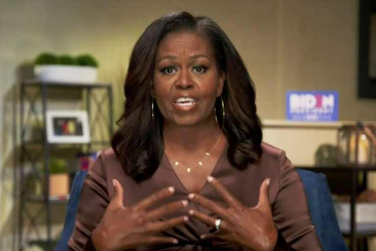 Michelle Obama Delivered a Powerful Speech at the Democratic National Convention in a Nanushka Top and ByChari ‘VOTE’ Necklace