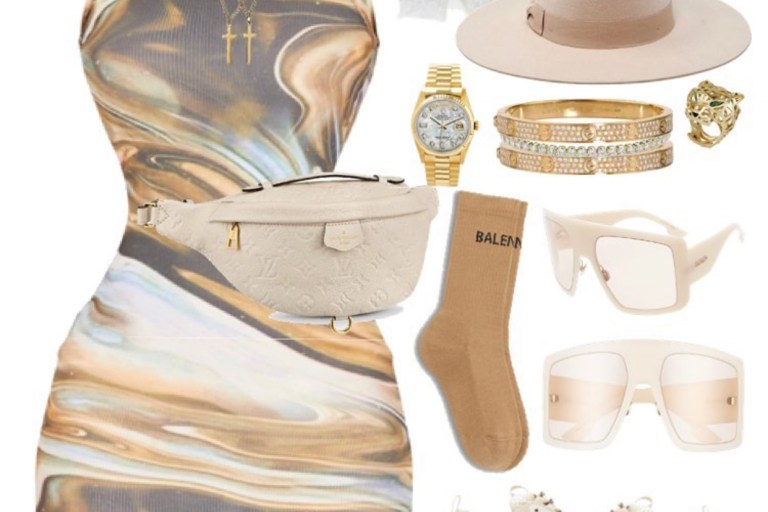 Style Inspiration: What to Wear to Brunch By @StyledByJovon Featuring PrettyLittleThing Dress, Dior Sunglasses, Louis Vuitton Fanny Pack and Balenciaga Sneakers