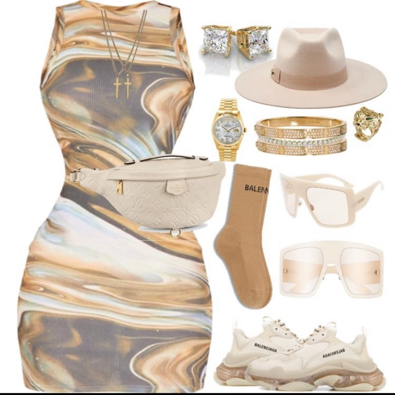 Style Inspiration: What to Wear to Brunch By @StyledByJovon Featuring PrettyLittleThing Dress, Dior Sunglasses, Louis Vuitton Fanny Pack and Balenciaga Sneakers