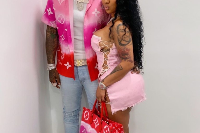 Fashion Bomb Couple: Moneybagg Yo in Custom Exclusive Game Shirt Matches Ari Fletcher in Custom Louis Vuitton Look, Louis Vuitton Bag and Louboutin Sandals