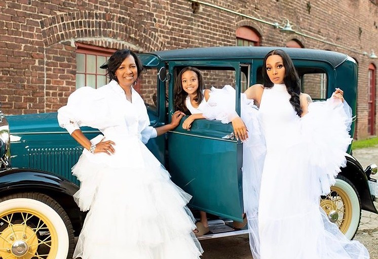 Shop The Look: Monica Denise Celebrated Her Mother’s Birthday with Her Mom and Daughter Laiyah Wearing all White Tulle Pieces by Oyemwen
