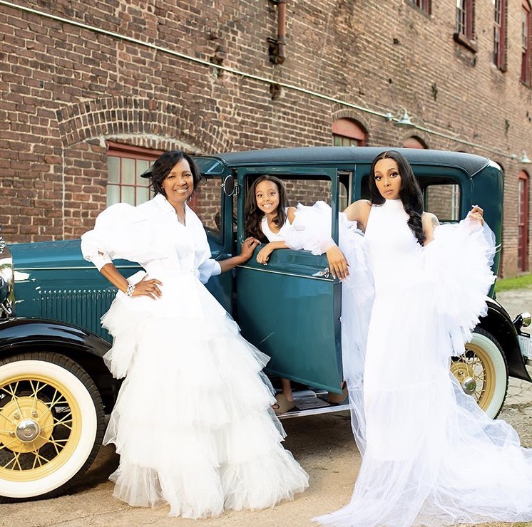 Shop The Look: Monica Denise Celebrated Her Mother’s Birthday with Her Mom and Daughter Laiyah Wearing all White Tulle Pieces by Oyemwen