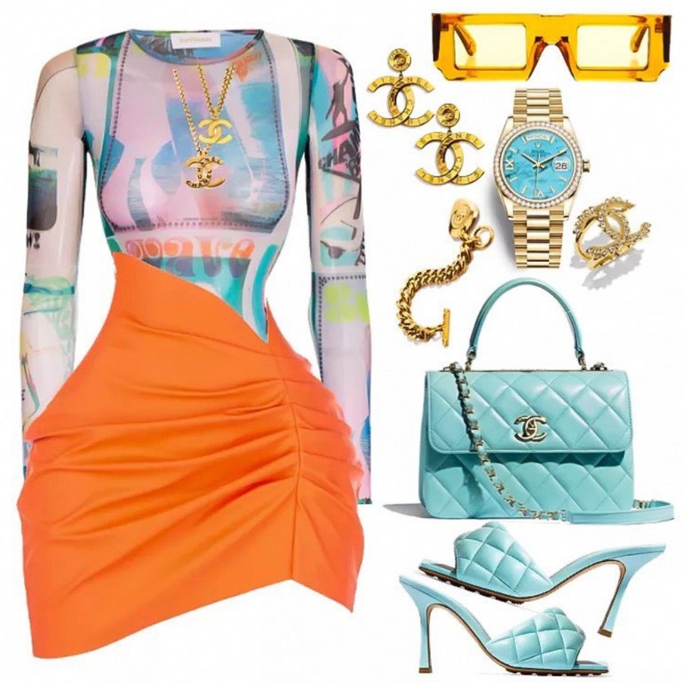 Style Inspiration: What to Wear Poolside by @StyledByJovon Including Bottega Veneta Quilted Mules and a Maisie Wilen Orange Skirt
