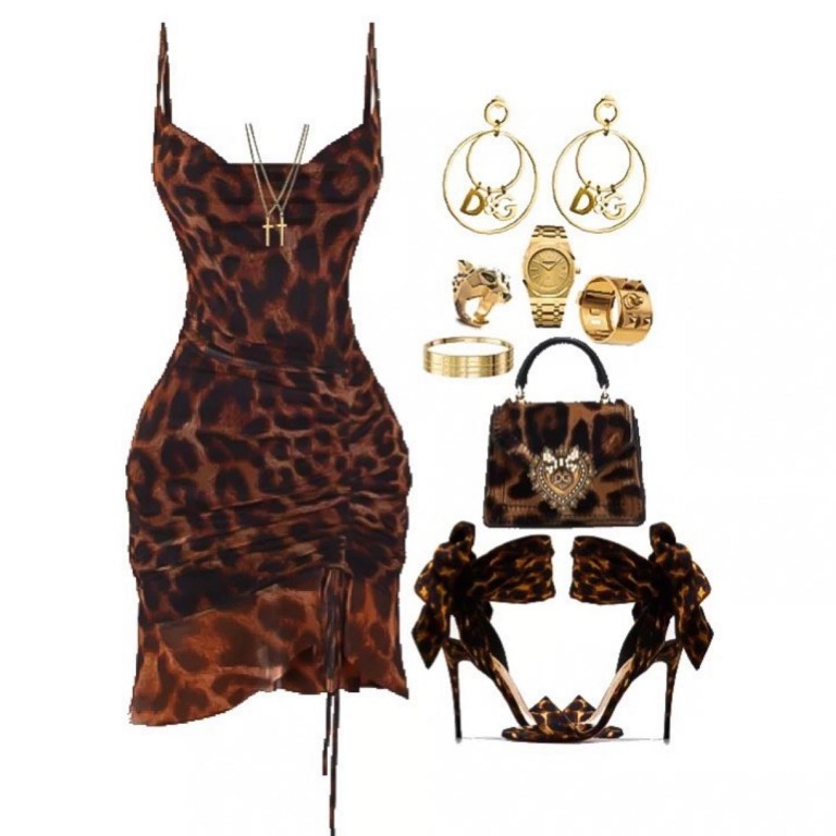 Weekend Style Inspiration: What to Wear for the Weekend by @StyledByJovon Featuring Pretty Little Thing Mesh Dress, Dolce and Gabbana Leopard Bag and Jewelry, and Christian Louboutin Sandale du Desert Leopard-Print Silk Sandal
