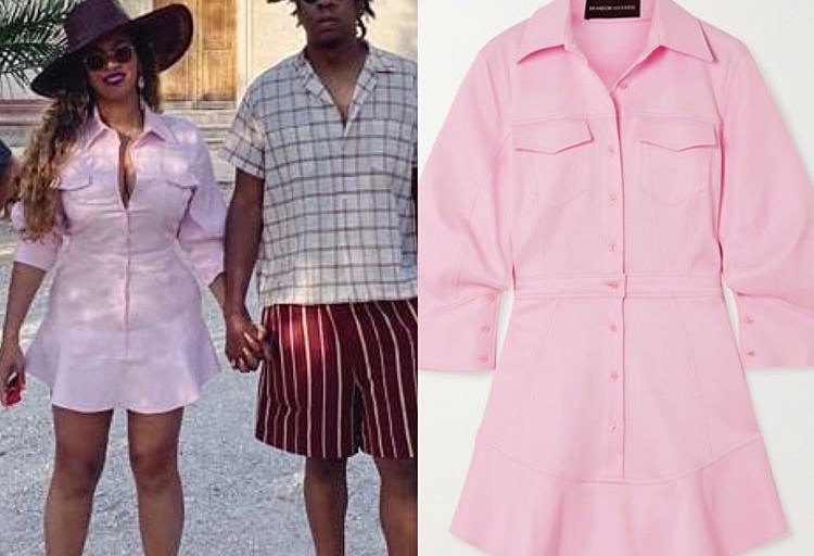 You Ask We Answer: Beyonce Poses on Vacation in Croatia Wearing A Pastel Pink Mini Shirt Dress by Brandon Maxwell