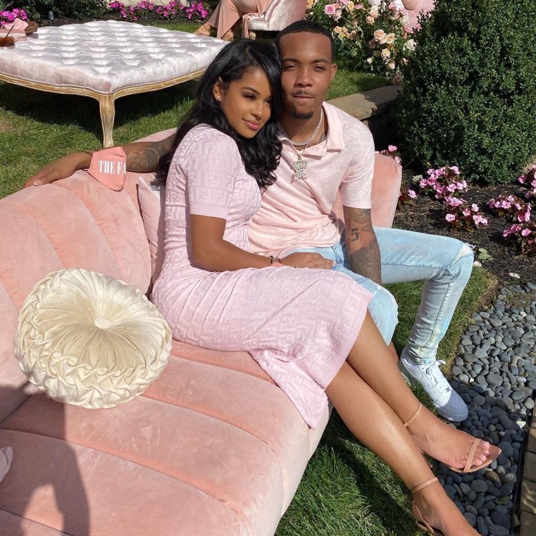 Taina Williams Posed With Beau G Herbo in $1,690 Pink Fendi Logo Dress and Tom Ford Padlock Sandals at Fabolous and Emily B’s Baby Shower!