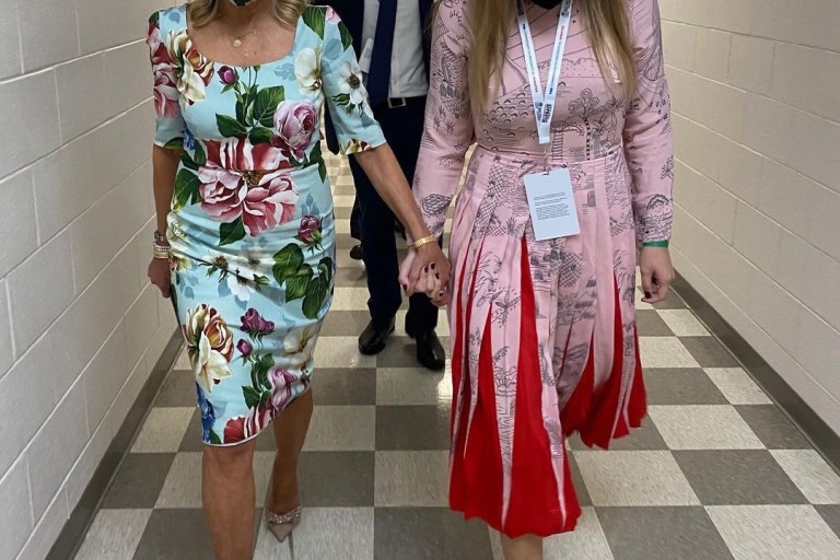Dr. Jill Biden Attends 2020 Presidential Debate in Floral Dolce and Gabbana Dress and Mask + Ashley Biden’s Pink and Red Pleated Valentino Dress