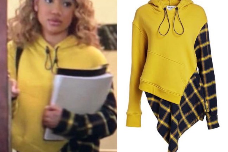 Ghost on Starz Fashion: Paige Hurd’s Episode 4 Yellow Plaid Check Flannel Monse Hoodie