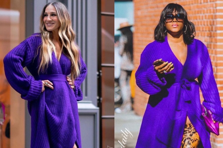 Who Wore it Better? Sarah Jessica Parker vs. Claire Sulmers in Hanifa’s Purple Miya Rope Knit Wrap Cardigan Dress