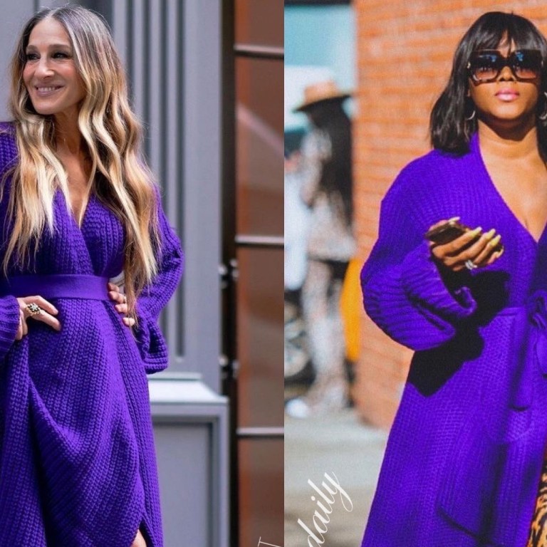 Who Wore it Better? Sarah Jessica Parker vs. Claire Sulmers in Hanifa’s Purple Miya Rope Knit Wrap Cardigan Dress