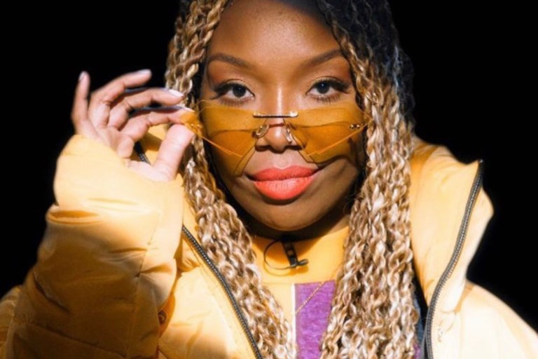 Brandy Dropped Gems in 2020 BET Hip Hop Awards Cypher in Pyer Moss SS20 RTW, Reserved Essential Yellow Puffer, and Jlani Bardot Hoops