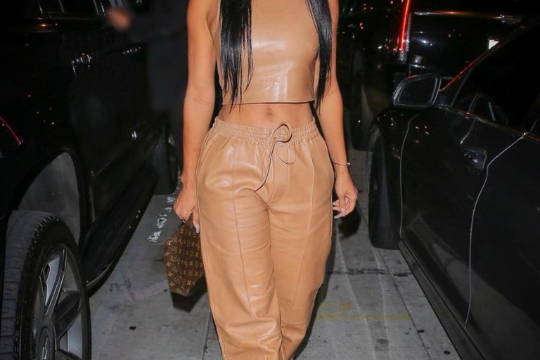 Draya Michele Spotted in Champagne Zara Leather Top and Wide Leg Leather Pants for Night Out in LA