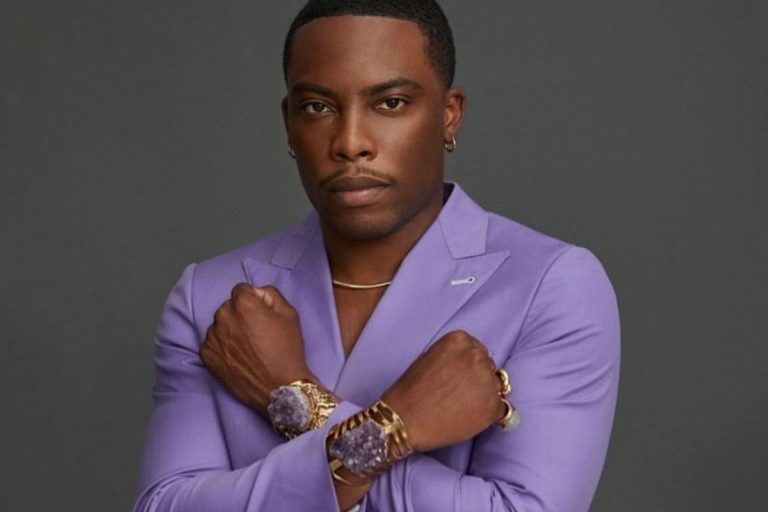 Woody McClain Pays Homage to Chadwick Boseman in Garcon Couture’s Lavender Suit and Jovana Louis Amethyst Bracelets for Esquire Middle East, Styled by Mickey Freeman
