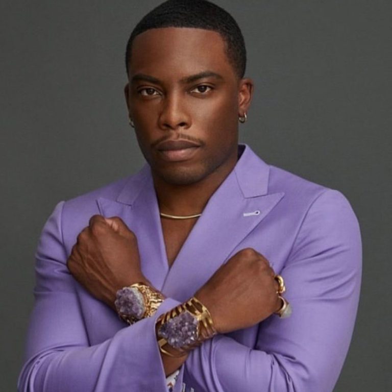 Woody McClain Pays Homage to Chadwick Boseman in Garcon Couture’s Lavender Suit and Jovana Louis Amethyst Bracelets for Esquire Middle East, Styled by Mickey Freeman
