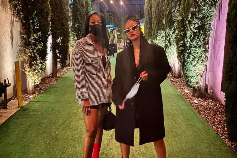 Rihanna Spotted Out With Best Friend Melissa Forde in All Black Look Featuring $1,290 Balenciaga X Vibram Fivefingers Toe Knit Ankle Boots and Fenty Sunglasses