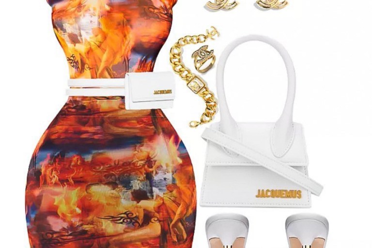 Style Inspiration: Dinner With the Girls by @StyledByJovon_ Featuring Pretty Little Thing Renaissance Print Bodysuit and Skirt, Jacquemus La Chiquito Mini Bag and Chanel Accessories!