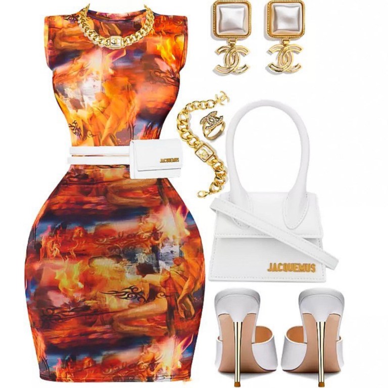 Style Inspiration: Dinner With the Girls by @StyledByJovon_ Featuring Pretty Little Thing Renaissance Print Bodysuit and Skirt, Jacquemus La Chiquito Mini Bag and Chanel Accessories!