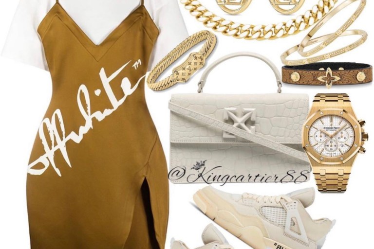 Style Inspiration: How to Rock a Dress and Sneakers with @KingCartier88 Featuring Off-White Cotton Satin and Cotton Midi Dress, Off-White x Air Jordan 4 ‘Sail’ Sneakers, Off-White Croc ‘Jitney’ Bag, and Louis Vuitton Accessories