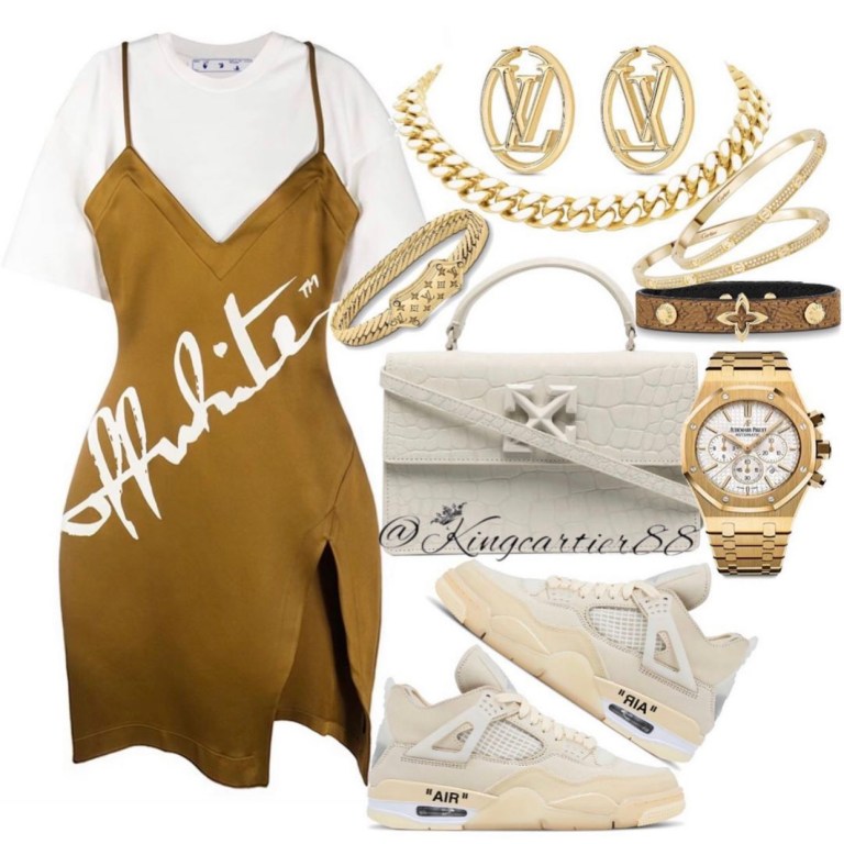 Style Inspiration: How to Rock a Dress and Sneakers with @KingCartier88 Featuring Off-White Cotton Satin and Cotton Midi Dress, Off-White x Air Jordan 4 ‘Sail’ Sneakers, Off-White Croc ‘Jitney’ Bag, and Louis Vuitton Accessories