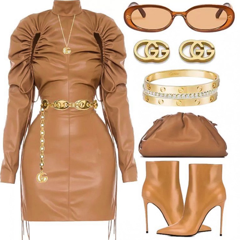 Style Inspiration: How to Rock a Leather Look by @StyledByJovon_ Featuring Aleksandre Akhalkatsishvili Ruched Faux Leather Dress, Bottega Veneta Mini Camel Pouch, Le Specs Outta Love Tan Sunglasses, Gold Gucci Accessories, and Cartier Love Bracelets