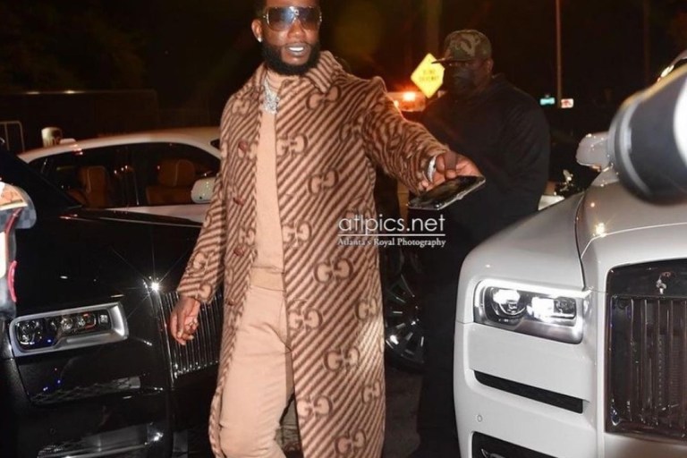 Gucci Mane Wears $10,000 Outfit for Verzuz Battle with Jeezy Including a $6,300 Gucci Monogram Coat and $795 Christian Louboutin Brown Satin Shoes