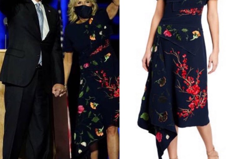 Dr. Jill Biden Wears a Black and Red Floral Oscar de la Renta Dress for President Joe Biden’s Victory Speech