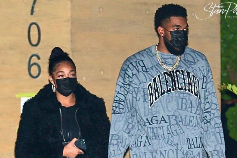 Jordyn Woods Wore Tommy Hilfiger FW19 RTW Jacket and Louboutin Mad Matelassé Booties for Dinner at Nobu With Karl Anthony Towns in Balenciaga Shirt