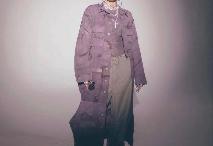 Kehlani Poses for a Photoshoot Wearing A Purple Army Jacket Dion Lee Pants and Maisie Wilen Top