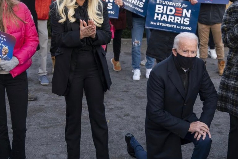 Lady Gaga Wears Alexander McQueen FW20 Ready-to-Wear Suit and Michael NGO ‘Vote’ Triple Crystal Mask on Biden-Harris Campaign in Pennsylvania