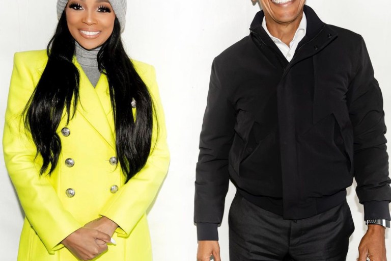 Monica Spotted With Barack Obama in Neon $3,350 Balmain Double-Breasted Wool and Cashmere Coat at Biden-Harris Campaign in Atlanta