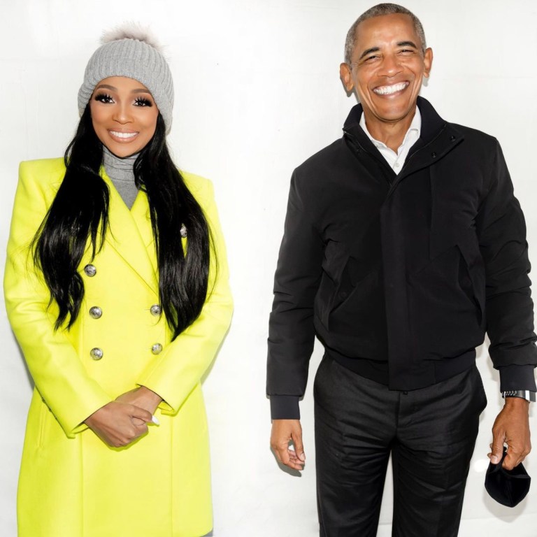 Monica Spotted With Barack Obama in Neon $3,350 Balmain Double-Breasted Wool and Cashmere Coat at Biden-Harris Campaign in Atlanta