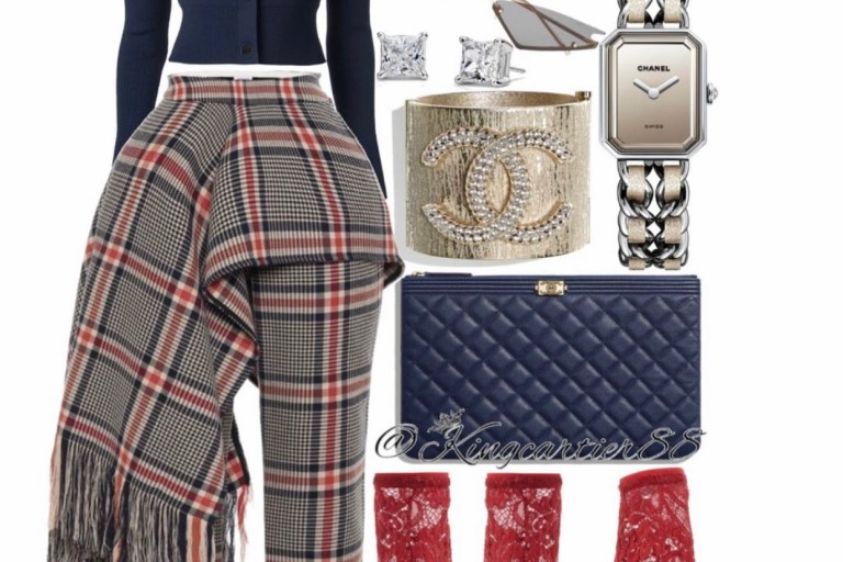 Style Inspiration: Fall Style by @KingCartier88 Featuring Dion Lee Blue Cropped Cardigan, Monse Apron Plaid Pants, Dolce and Gabbana Red Stretch Lace Boots, Chanel Accessories, and More!