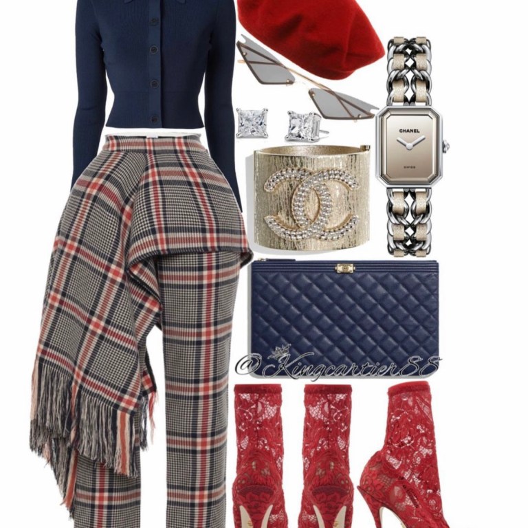 Style Inspiration: Fall Style by @KingCartier88 Featuring Dion Lee Blue Cropped Cardigan, Monse Apron Plaid Pants, Dolce and Gabbana Red Stretch Lace Boots, Chanel Accessories, and More!