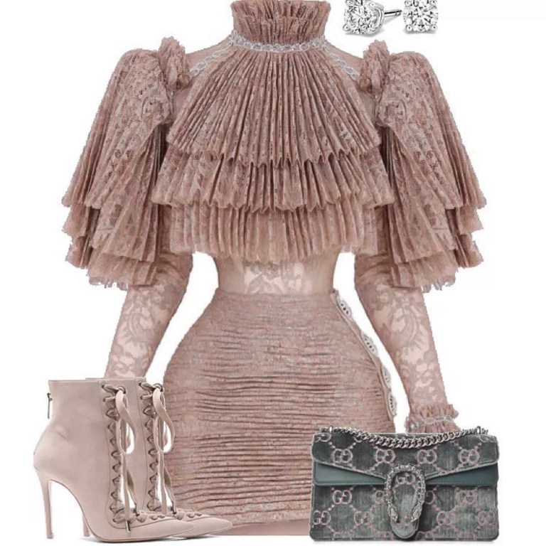 Style Inspiration: Modern Regality by @StyledByJovon_ Featuring Raisa Vanessa Ruffle Lace Mini Dress, Gucci Monogram Velvet Dionysus Bag, Swarovski Stud Earrings, and Zimmermann Lace-Up Suede Booties