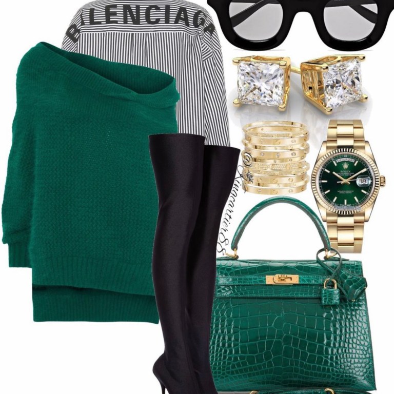 Style Inspiration: Thanksgiving Living Room Fit by @KingCartier88 Featuring Roland Mouret ‘Jennings’ Angora-Blend Sweater, Balenciaga Striped Logo Button-Up Shirt, Rhude x Thierry Lasry Rhodeo Sunglasses, Hermés Kelly 25 Green Crocodile Bag, and Cartier Diamond Love Bracelets!