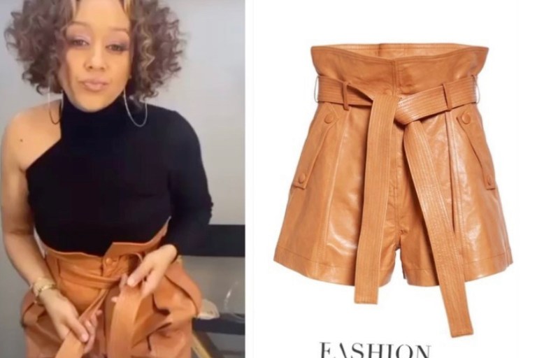 Most Requested: Tia Mowry’s Tik Tok Ulla Johnson Brown Leather Paperbag Waist Shorts