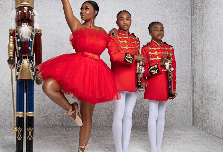 Marlo Hampton Poses with Nephews in Oyemwen Red Strapless Tulle Dress + Malaysia Pargo Rocks Green Oyemwen One Shoulder Dress for Christmas Photos