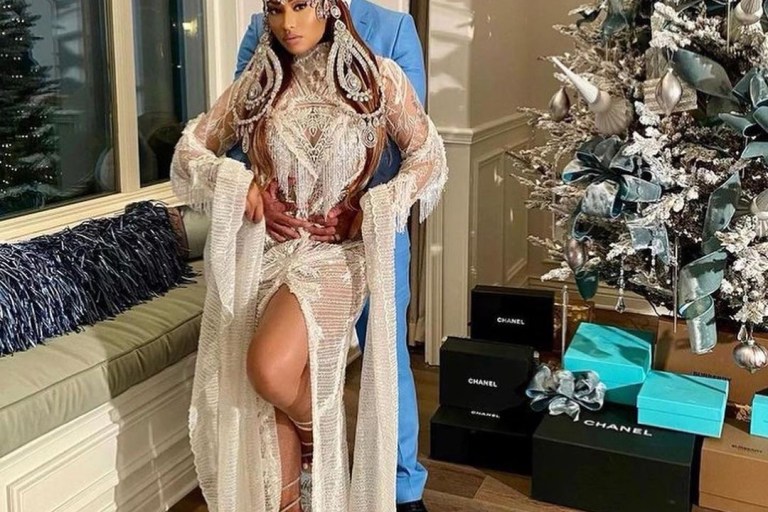 Nicki Minaj’s Christmas Photo Alberi Couture Gown and Laurel Dewitt Custom Head Piece