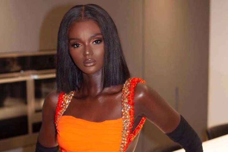 Duckie Thot Is a Vision in Orange Tony Ward Couture 2021 Silk Jersey Crystal Embroidered Party Dress at 2020 British Fashion Awards