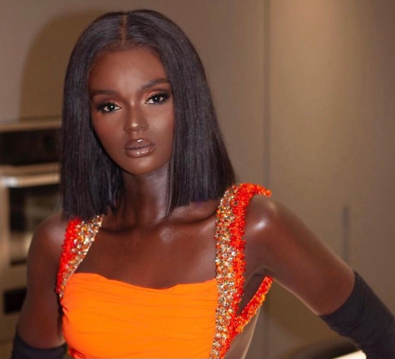 Duckie Thot Is a Vision in Orange Tony Ward Couture 2021 Silk Jersey Crystal Embroidered Party Dress at 2020 British Fashion Awards