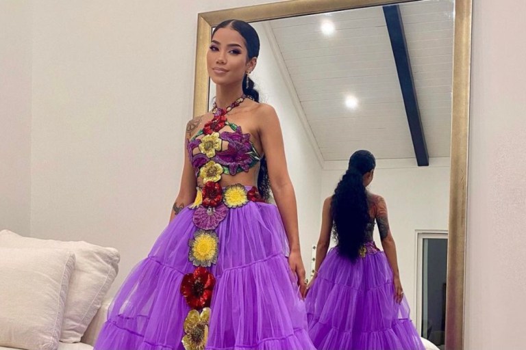 Jhené Aiko Performed on The Tonight Show Starring Jimmy Fallon in Custom Purple Floral Appliqué Charles & Ron Gown