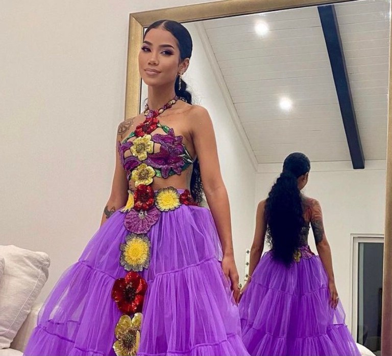 Jhené Aiko Performed on The Tonight Show Starring Jimmy Fallon in Custom Purple Floral Appliqué Charles & Ron Gown