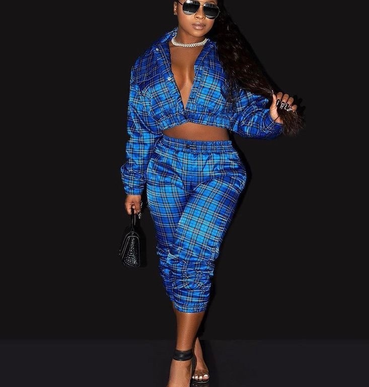 Reginae Carter Posed Wearing Fashion Nova’s Blue Plaid Joggers and Matching Jacket
