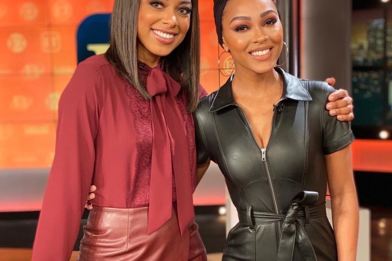 Wardrobe Inquiry: Meagan Good’s Entertainment Tonight Alice + Olivia Black Leather Jumpsuit