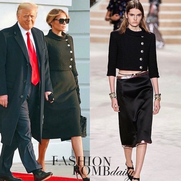 Melania Trump Wears Chanel Pre-Fall 2020 Runway, an Hermes Crocodile Bag, and Christian Louboutin Pumps to Exit the White House with Donald Trump