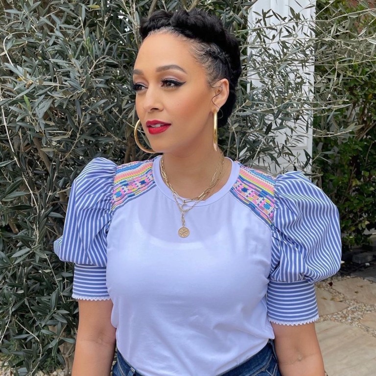 Splurge: Tia Mowry’s Instagram Tanya Taylor White Stripe Puff Sleeve Top