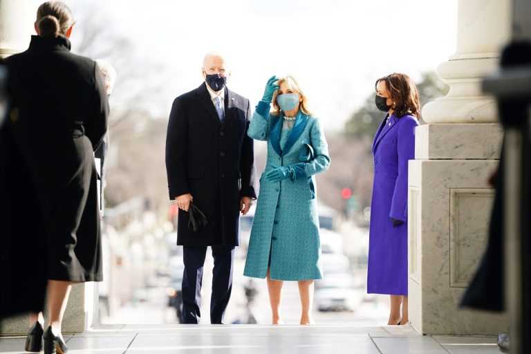 Dr. Jill Biden Wears Markarian Blue Coat to 2021 President Joe Biden Inauguration